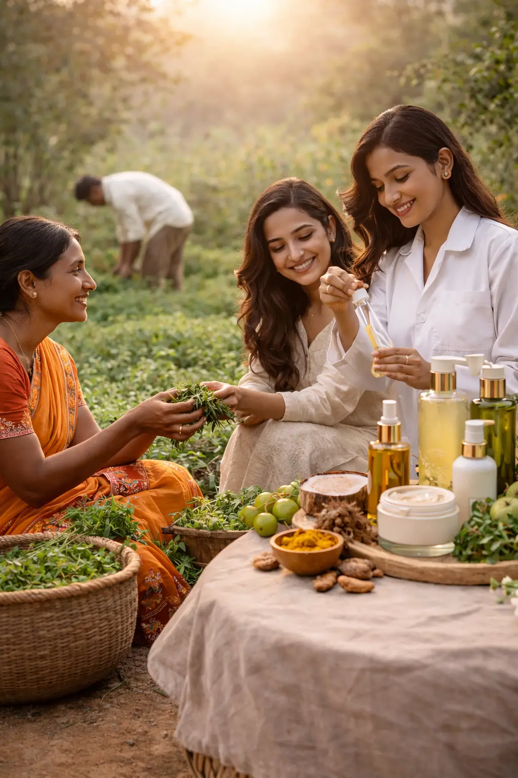 Ayurvedic beauty products and herbal ingredients being prepared in nature